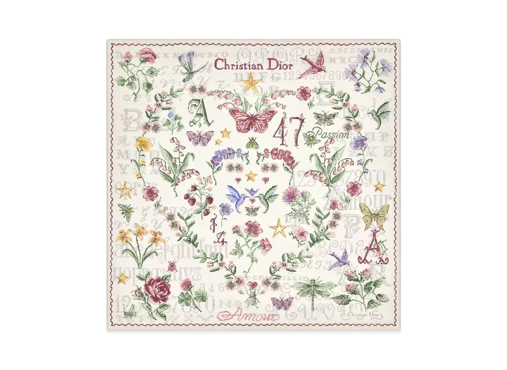Dior Dioramour Amour 1947 70 Square Scarf Silk Twill "Ivory Multicolor"
