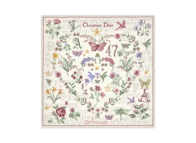 Dior Dioramour Amour 1947 70 Square Scarf Silk Twill "Ivory Multicolor"