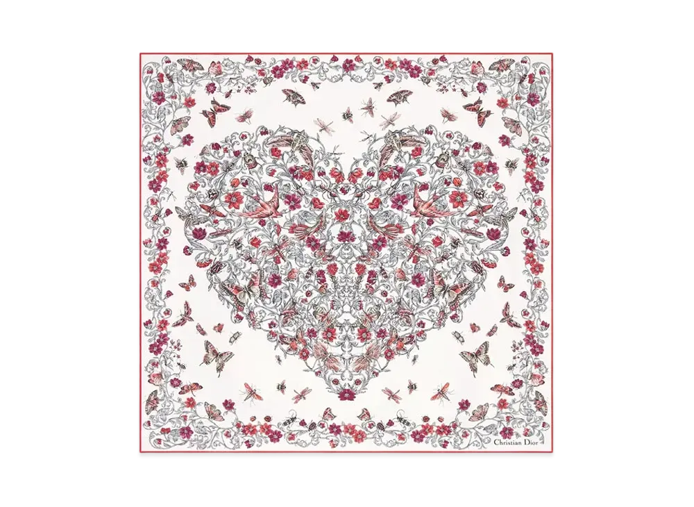 Dior Dioramour Coeur des Curiosites 70 Square Scarf Silk Twill "Ivory/Red"