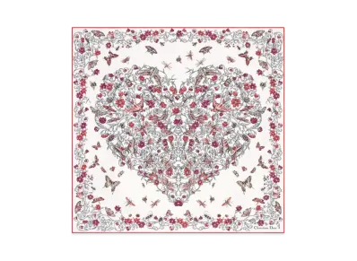 Dior Dioramour Coeur des Curiosites 70 Square Scarf Silk Twill "Ivory/Red"