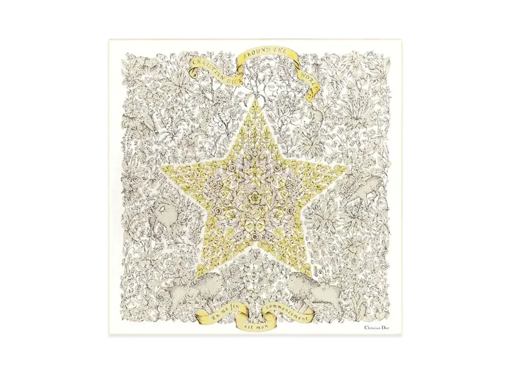 Dior Around the World 90 Square Scarf Silk Twill "Ivory/Gold"