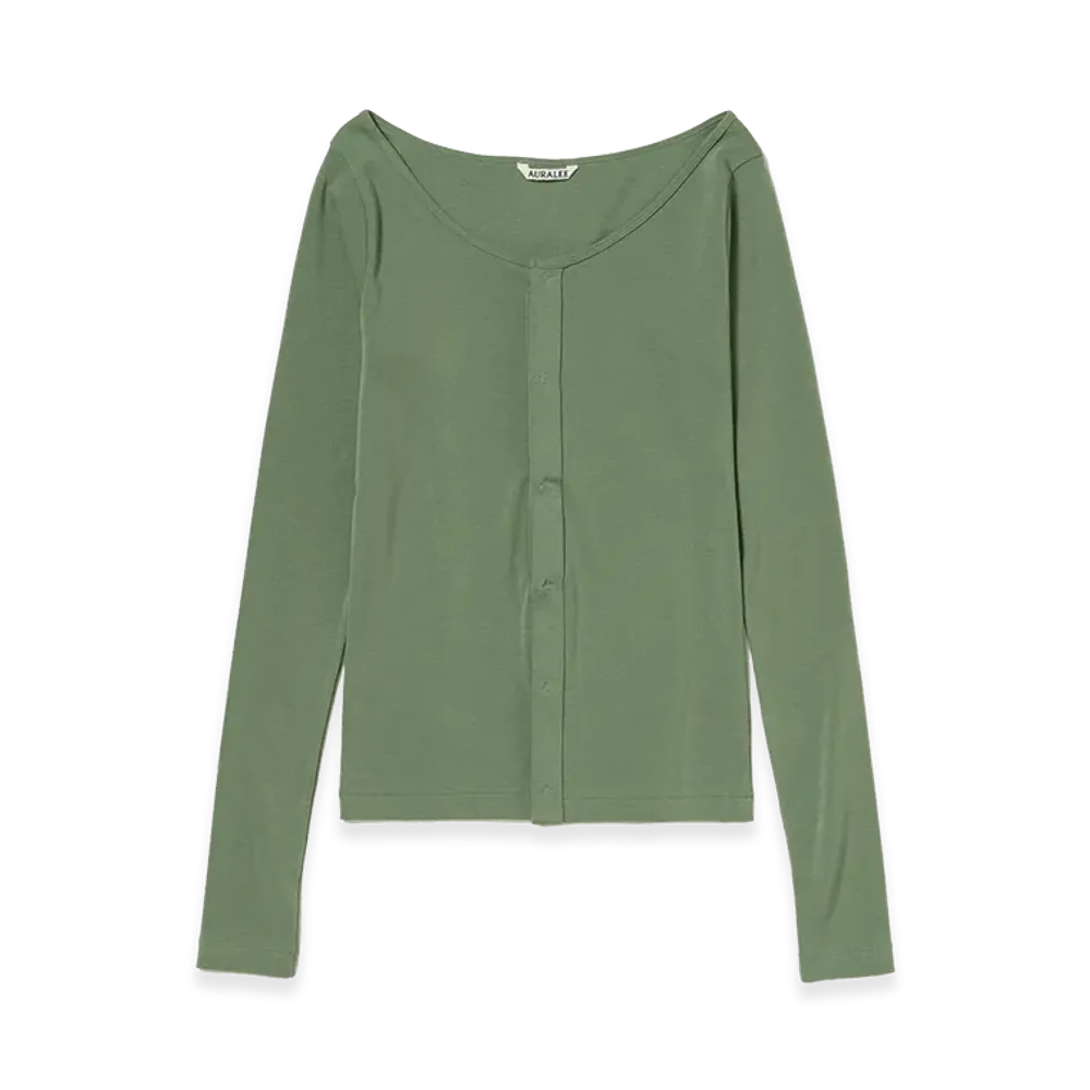 AURALEE Women's Organic Cotton Fine Rib Cardigan "Sage Green"