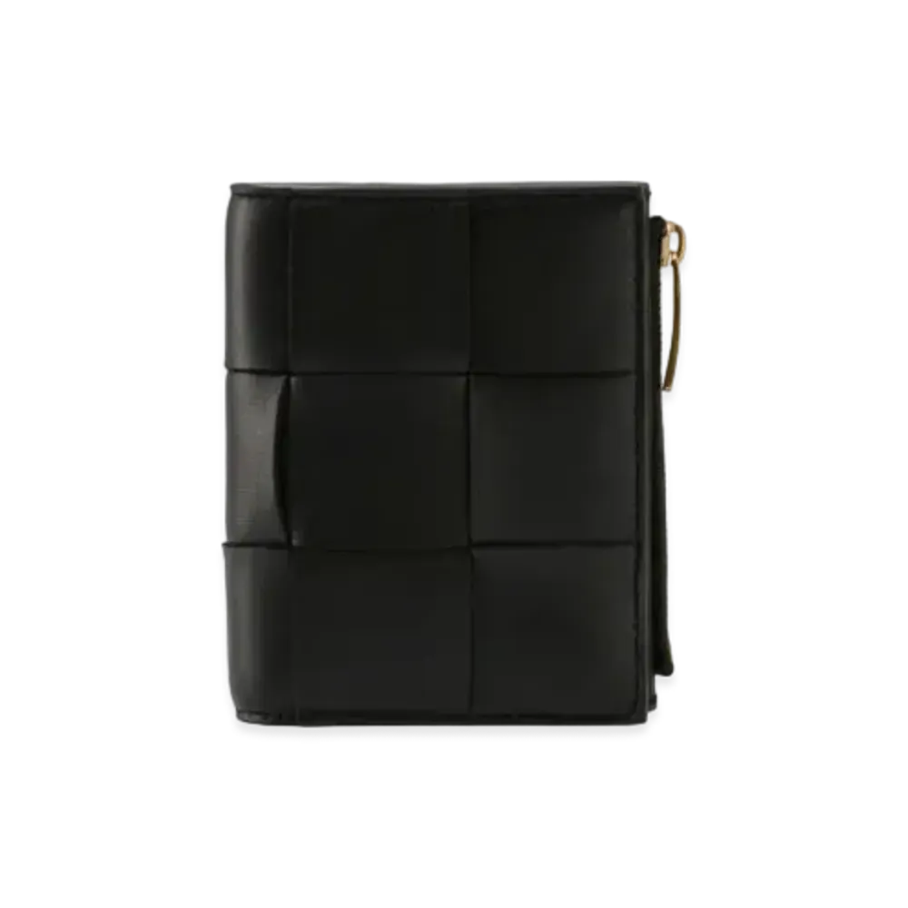 Bottega Veneta Intrecciato Lambskin Calfskin Small Cassette Bifold Zip Wallet "Black"