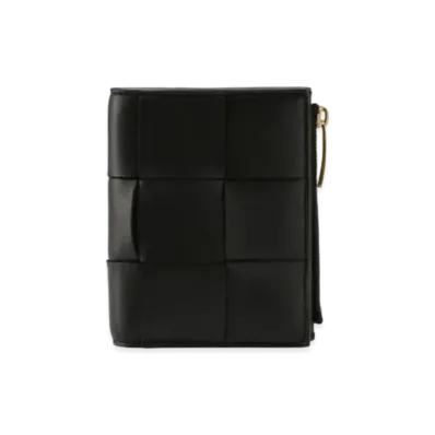 Bottega Veneta Intrecciato Lambskin Calfskin Small Cassette Bifold Zip Wallet "Black"