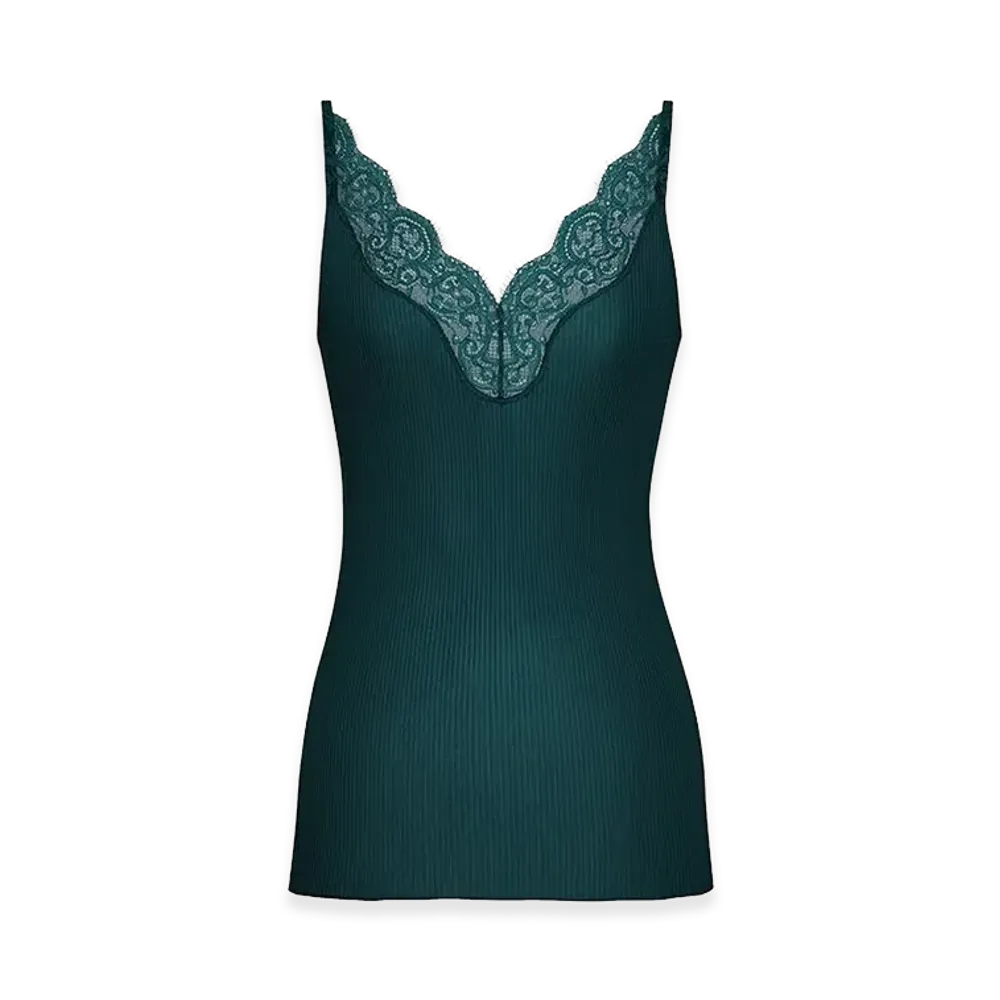 Saint Laurent Women's Ribbed Silk Tank Top With Lace Details "Green"