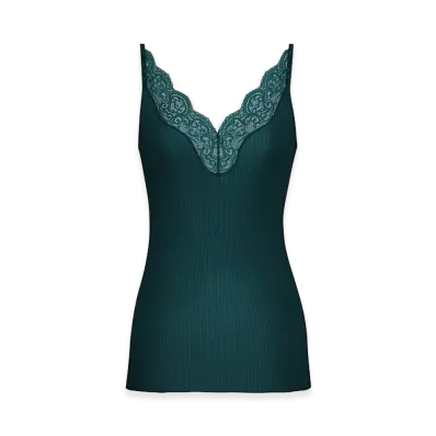 Saint Laurent Women's Ribbed Silk Tank Top With Lace Details "Green"