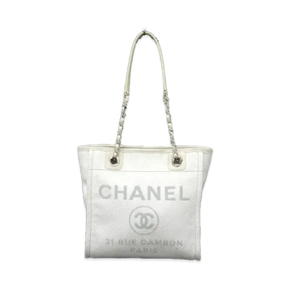 CHANEL Mini Deauville Tote Canvas "White/Gray/Silver"