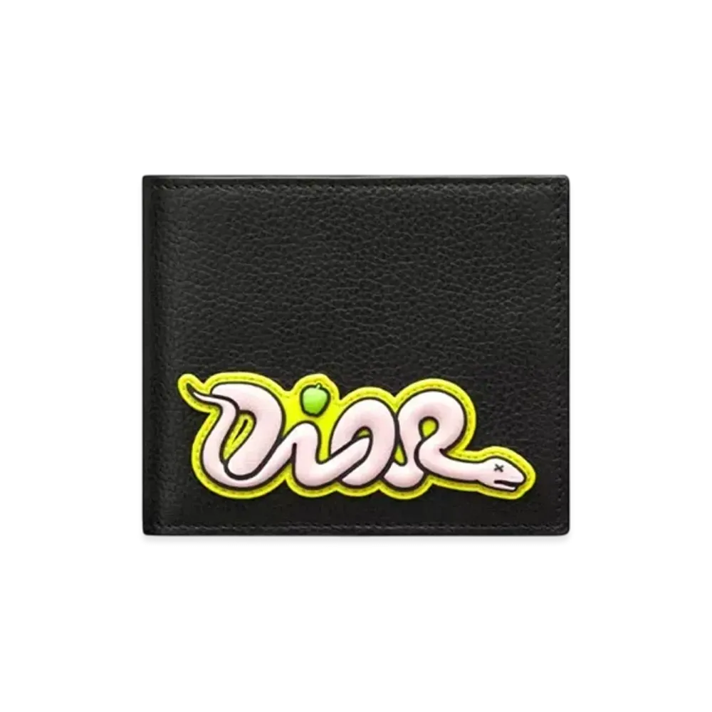 Dior x KAWS Bifold Wallet Grained Calfskin "Black/Pink/Yellow"