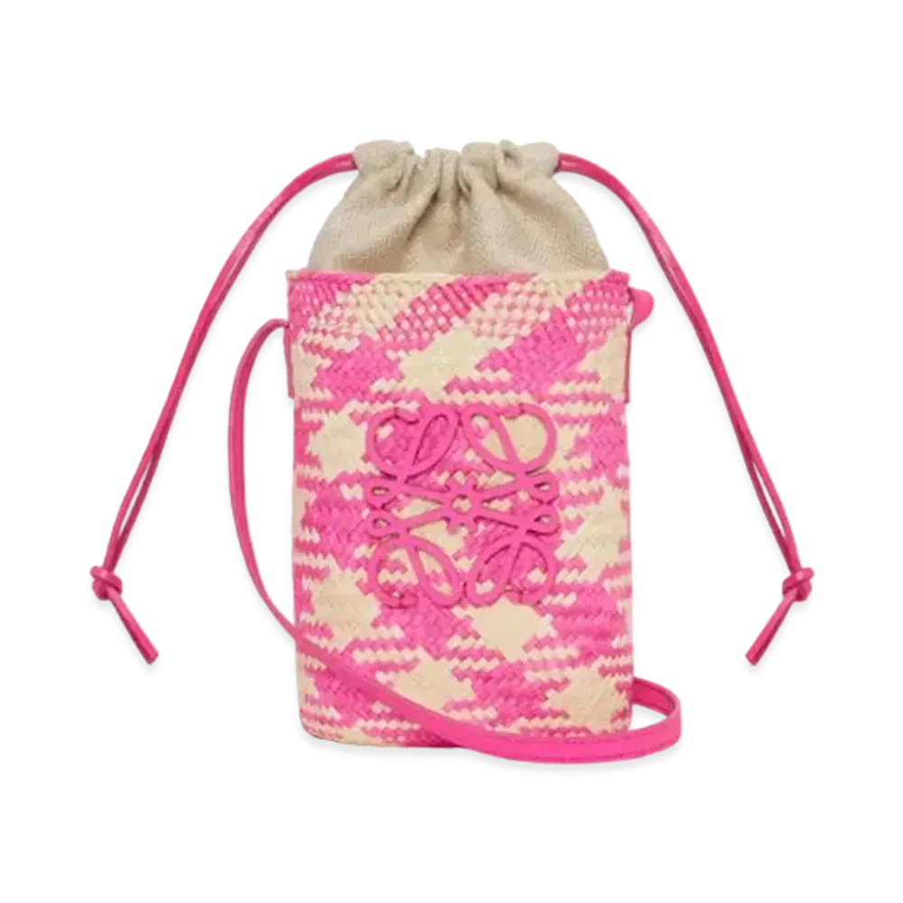 LOEWE Anagram Checks Square Pocket In Iraca Palm and Classic Calfskin "Natural/Fuchsia"
