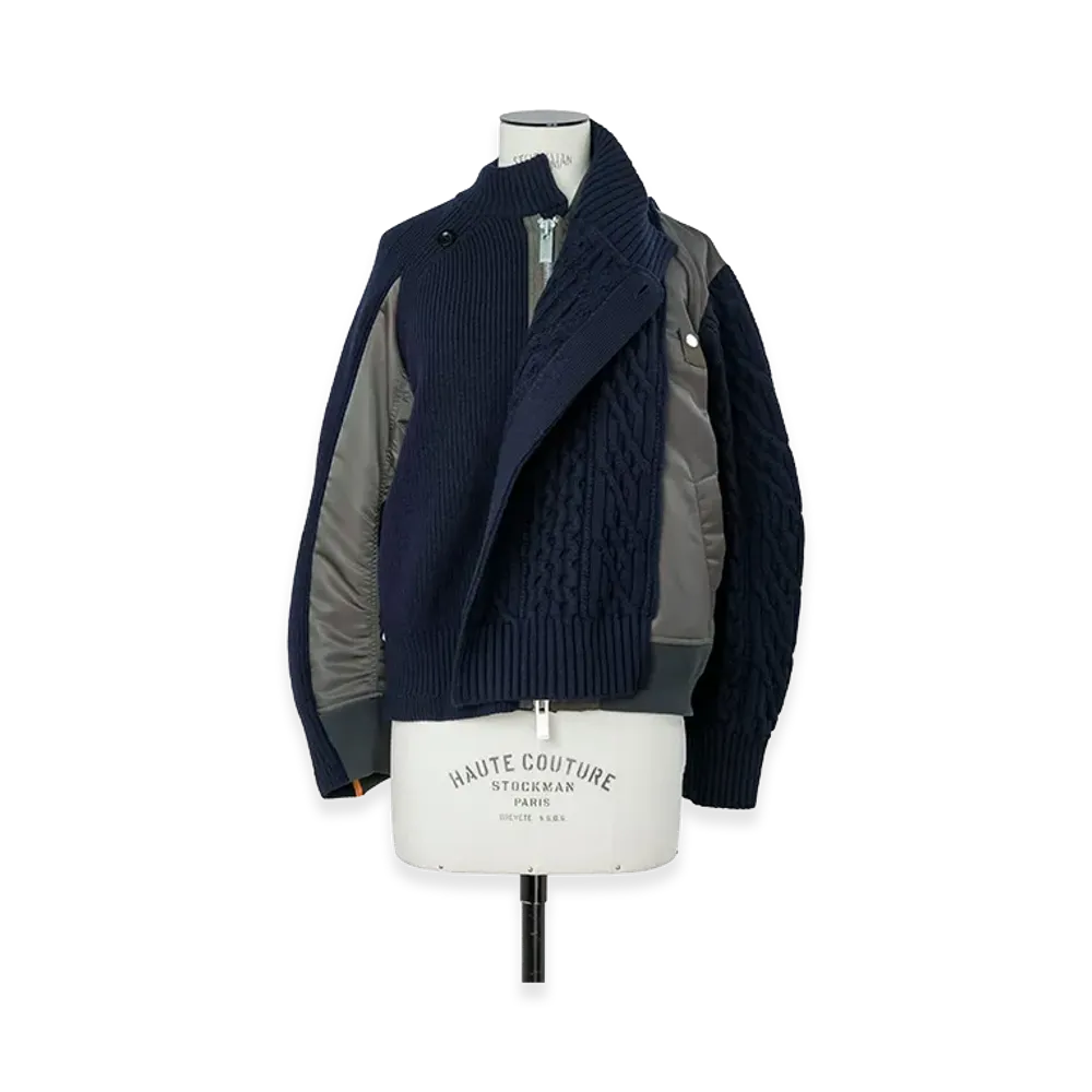sacai Women's Nylon Twill x Wool Knit Blouson "Navy/Dark Khaki"