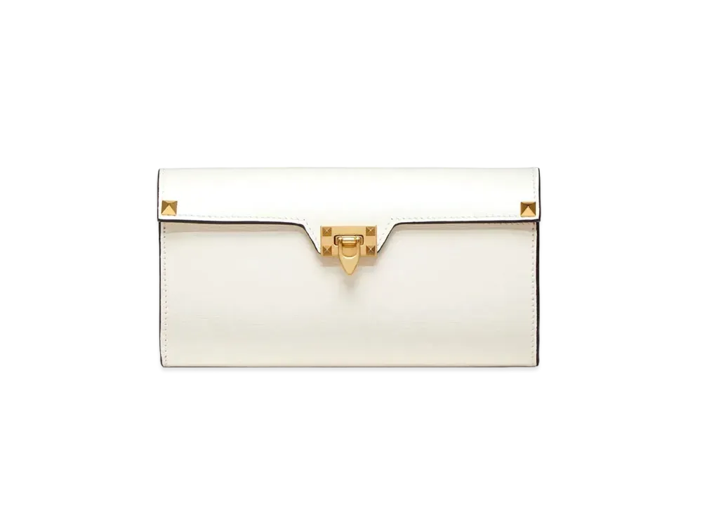 Valentino Rockstud Alcove Wallet In Grainy Calfskin Leather "Light Ivory"