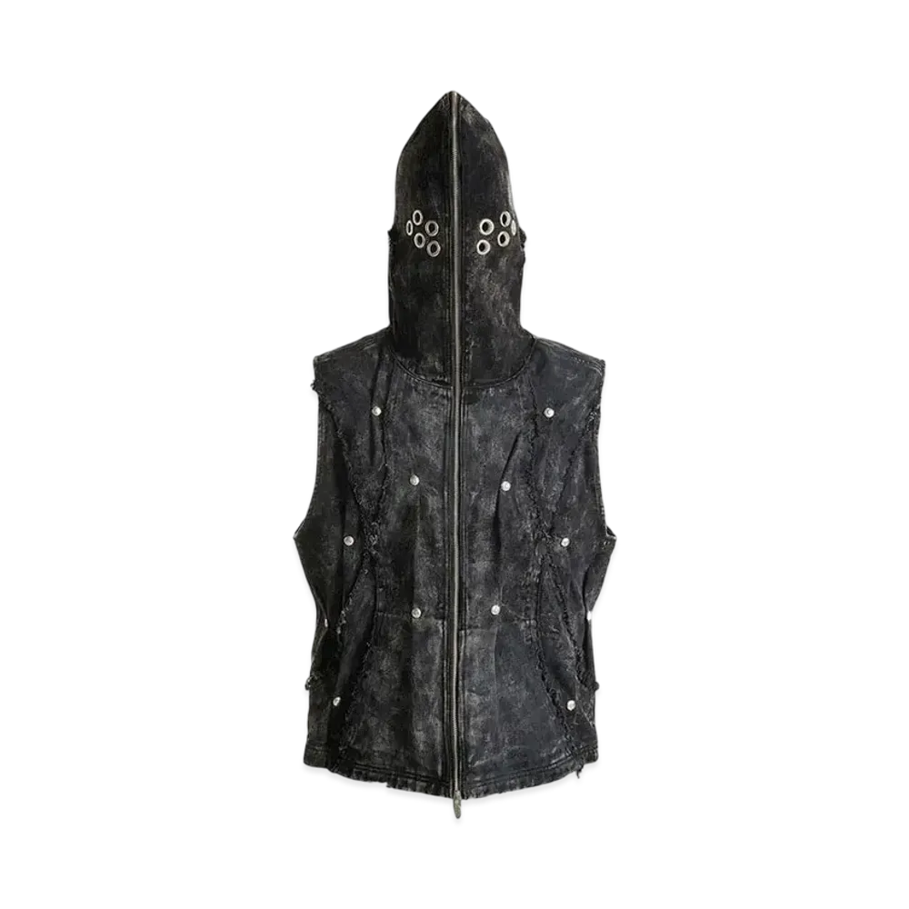 The Boy Has No Patience Eclipse Of The Blood Moon Brushed Texture Denim Hooded Vest "Black"