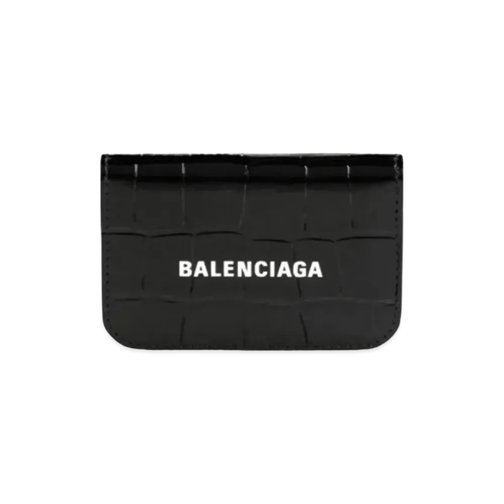 BALENCIAGA Cash Card Holder Shiny Crocodile Embossed Calfskin "Black/White"