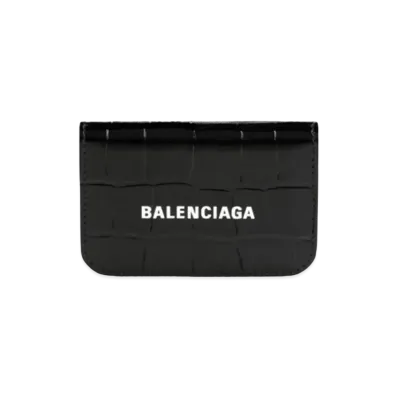 BALENCIAGA Cash Card Holder Shiny Crocodile Embossed Calfskin "Black/White"