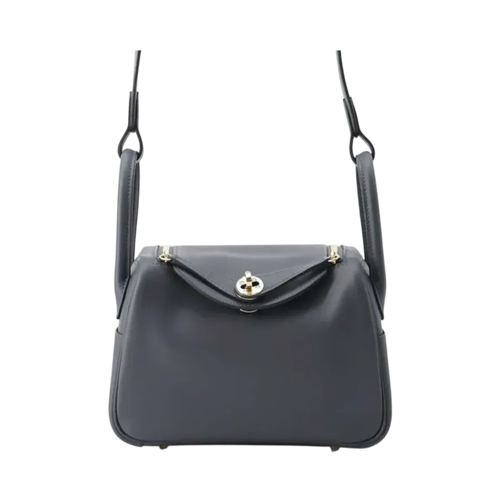 Hermes Lindy Swift Leather Hand Bag Champagne Gold-Tone Hardware "Gris Misty/Noir"