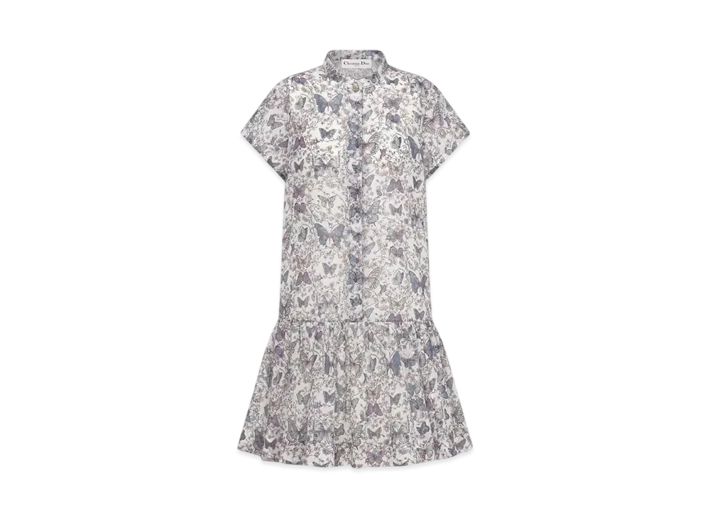 Dior Women's Short Dress White Cotton Muslin with Toile de Jouy Papillon Motif "Ecru White"