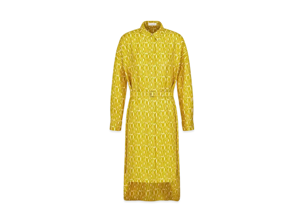 Dior Miss Dior Belted Shirtdress Silk Twill with Miss Dior Allover Motif "White/Yellow"