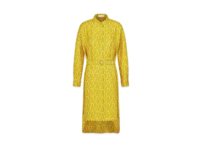 Dior Miss Dior Belted Shirtdress Silk Twill with Miss Dior Allover Motif "White/Yellow"