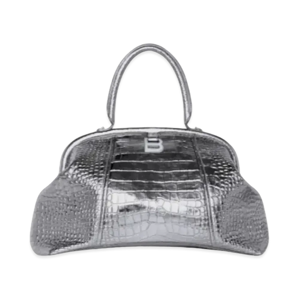 BALENCIAGA Editor Large Bag In Metallized Extra Supple Crocodile Embossed Calfskin "Silver"