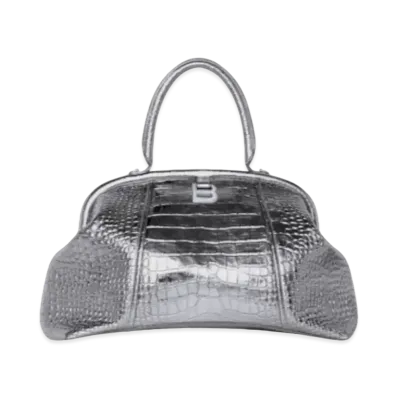 BALENCIAGA Editor Large Bag In Metallized Extra Supple Crocodile Embossed Calfskin "Silver"