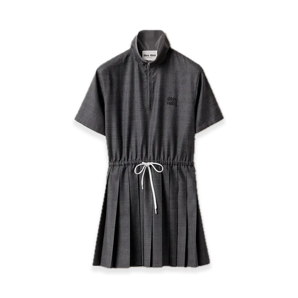 MIU MIU Prince of Wales Pleated Short Dress "Gray"
