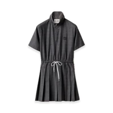MIU MIU Prince of Wales Pleated Short Dress "Gray"