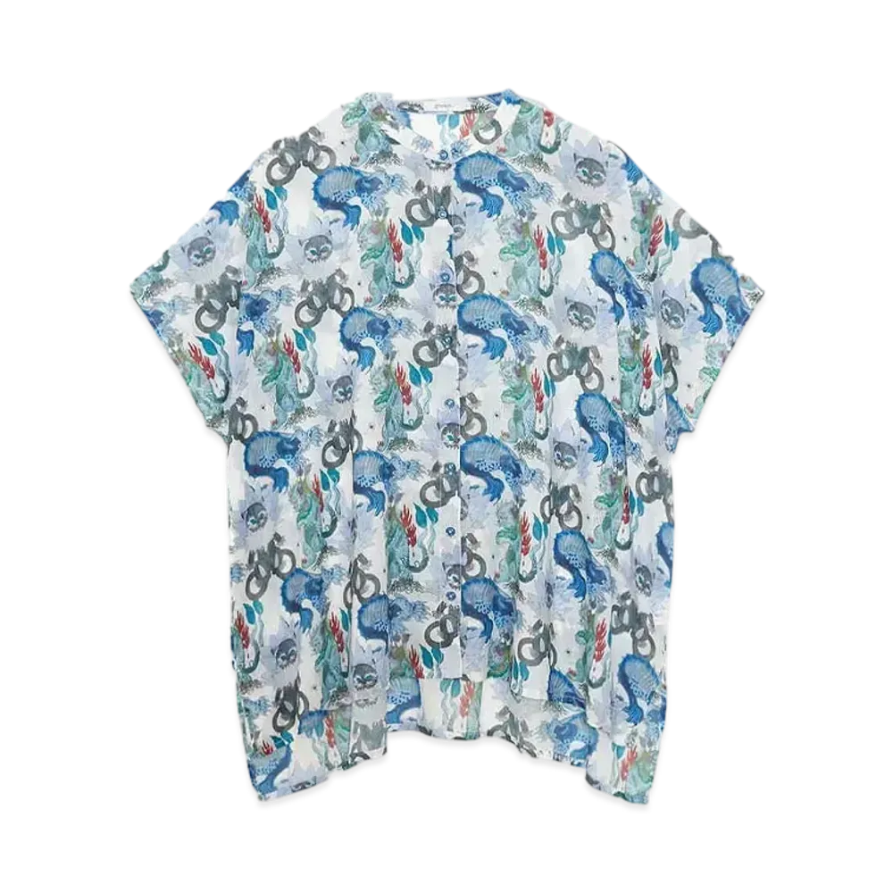 graniph x Ayako Ishiguro Nekomata Kitten Pattern Box Silhouette Sheer Shirt "White"
