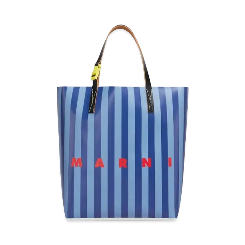Marni Striped Tribeca Shopping Bag with Marni Logo "Opal/Estate Blue"