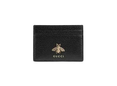 GUCCI Animalier Leather Card Case Metal Bee "Black"