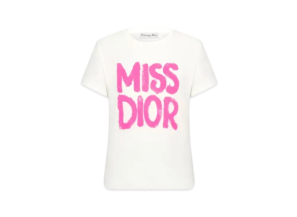 Dior Miss Dior T-Shirt Cotton Jersey with Miss Dior Graffiti Motif "White/Bright Pink"