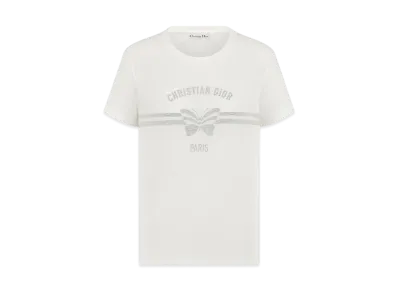 Dior Women's T-Shirt Cotton and Linen Jersey with Christian Dior Women's Papillon Motif "White/Gray"