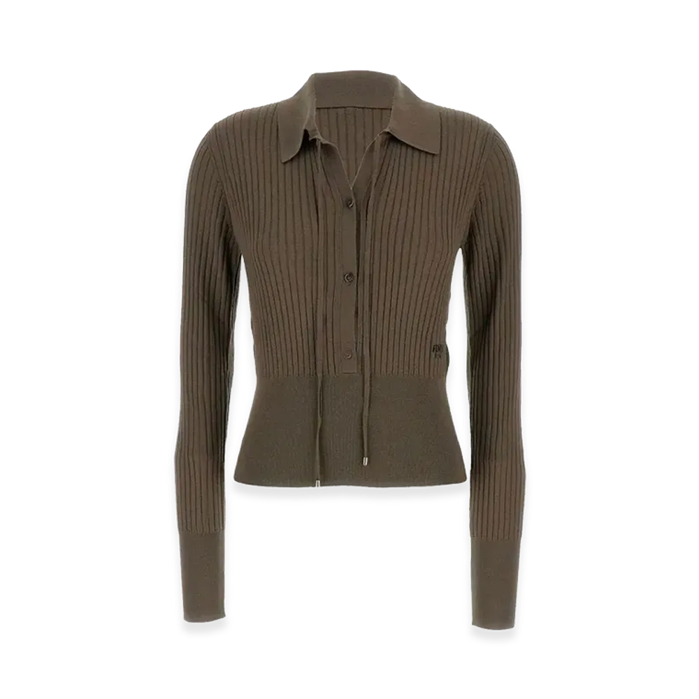 FENDI Women's Slim Fitting Wool Long Sleeve Polo Shirt "Brown"