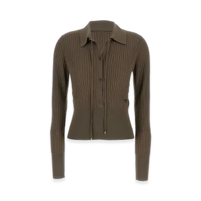 FENDI Women's Slim Fitting Wool Long Sleeve Polo Shirt "Brown"