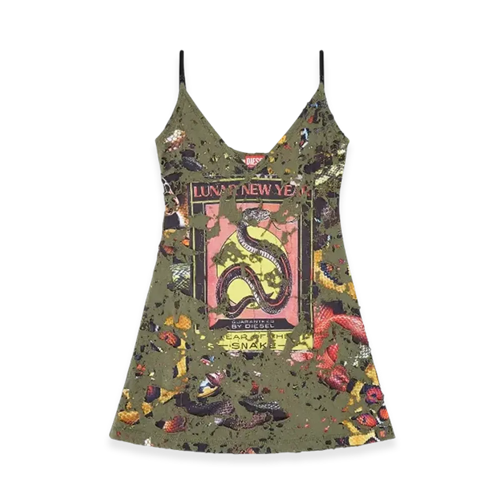 Diesel Cl-D-Jena-Dev-Snake Destroyed Snake-Print Slip Dress "Olive Green"