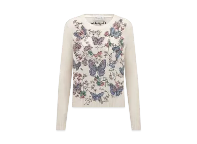 Dior Women's Embroidered Sweater Cashmere Knit with Toile de Jouy Papillon Motif "Multicolor/White"