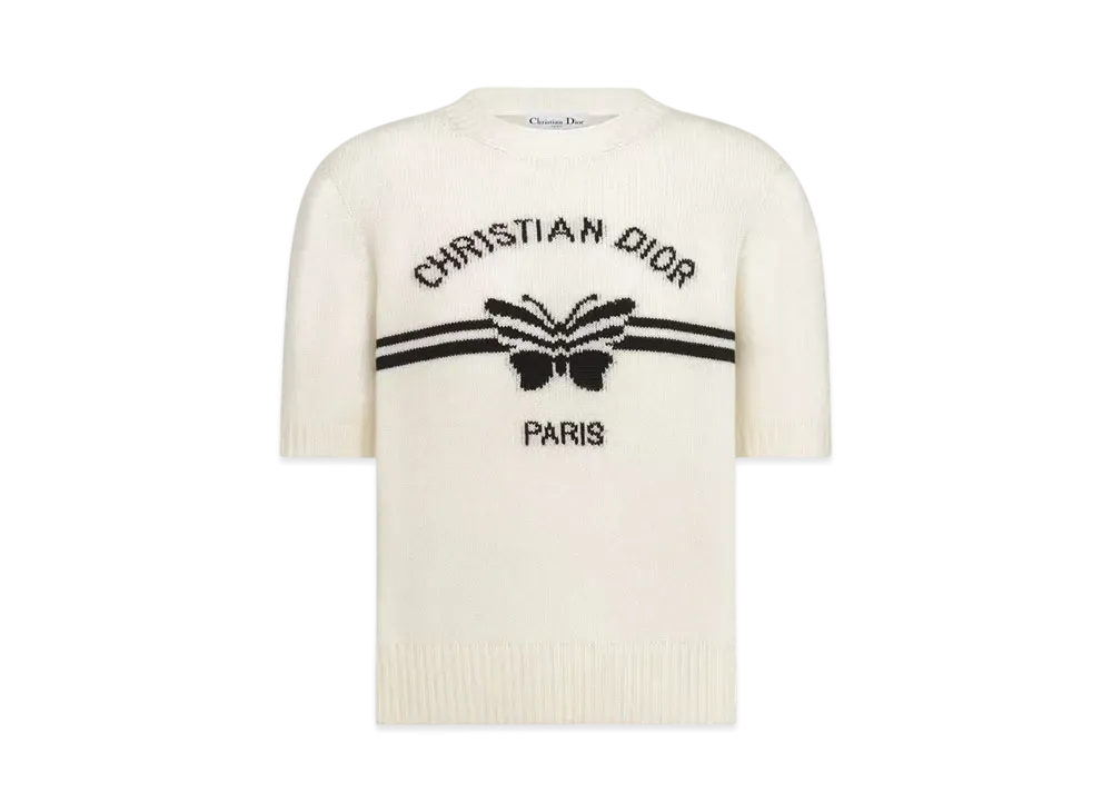 Dior Women's Short-Sleeved Sweater Cashmere Knit with Christian Dior Women's Papillon Motif "White/Black"