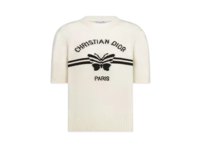 Dior Women's Short-Sleeved Sweater Cashmere Knit with Christian Dior Women's Papillon Motif "White/Black"