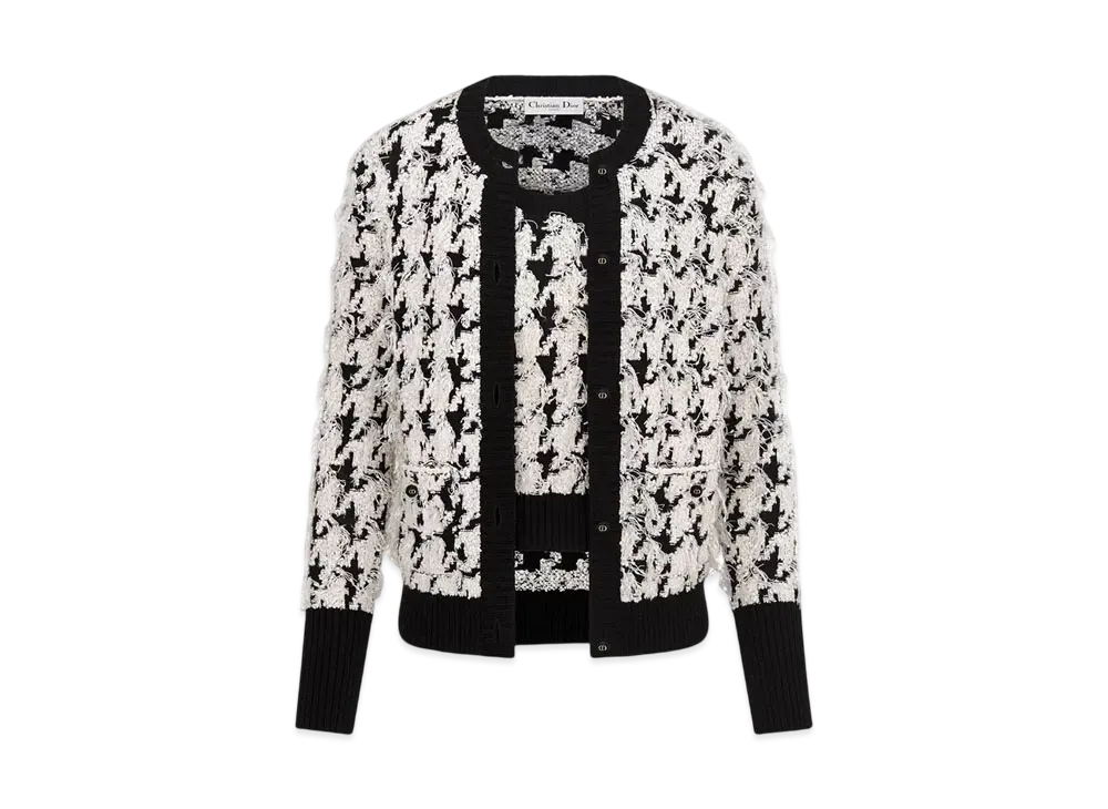 Dior Women's Twinset Houndstooth Wool- and Cotton-Blend Fil Coupe Knit "Black/White"