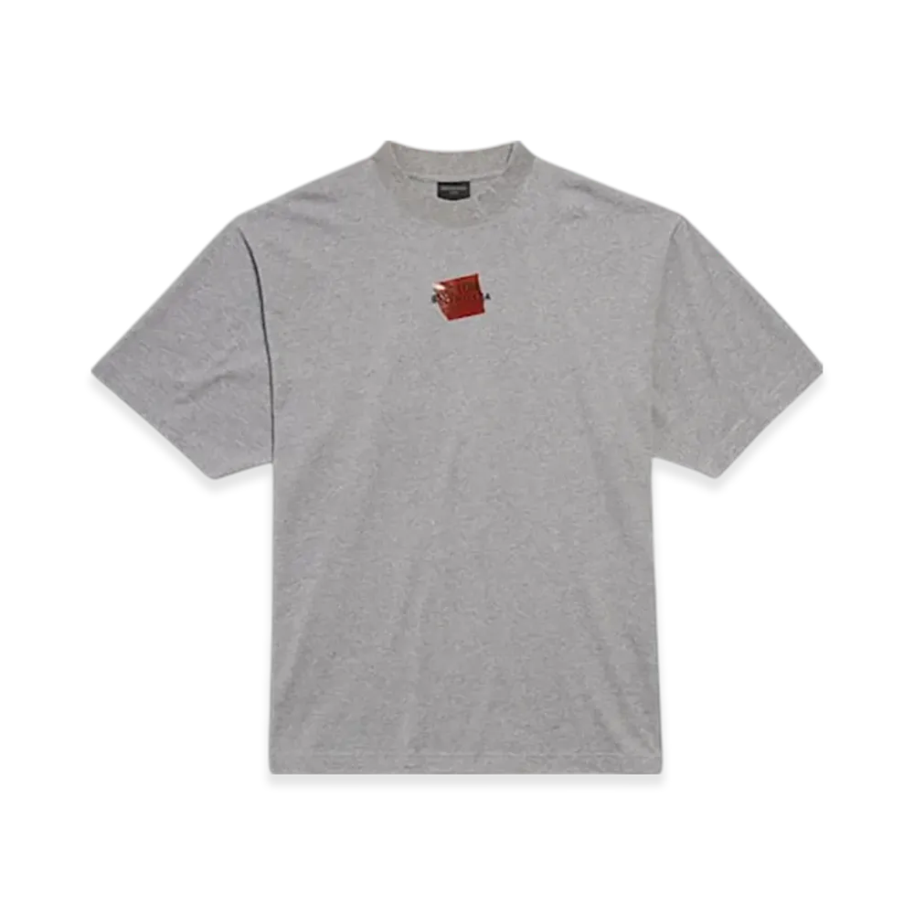 BALENCIAGA Men's Taped Balenciaga Back T-Shirt Medium Fit "Heather Grey/Black/Red"