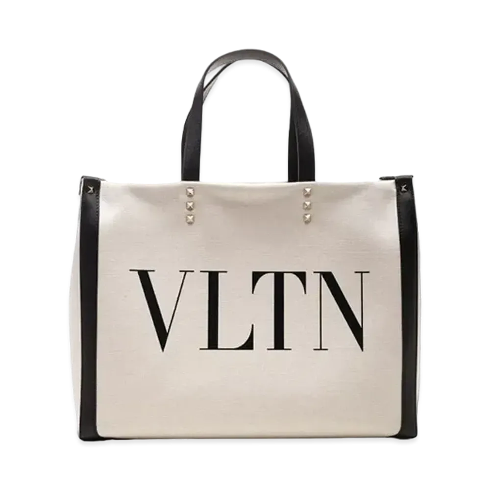 Valentino Canvas Small Shopping Bag VLTN Print "Natural"