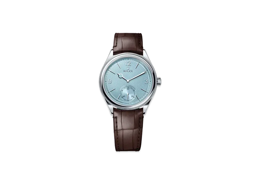 ROLEX 1908 39mm Polished Finish Perpetual Alligator Leather Strap "Platinum/Ice Blue/Matte Brown" 52506