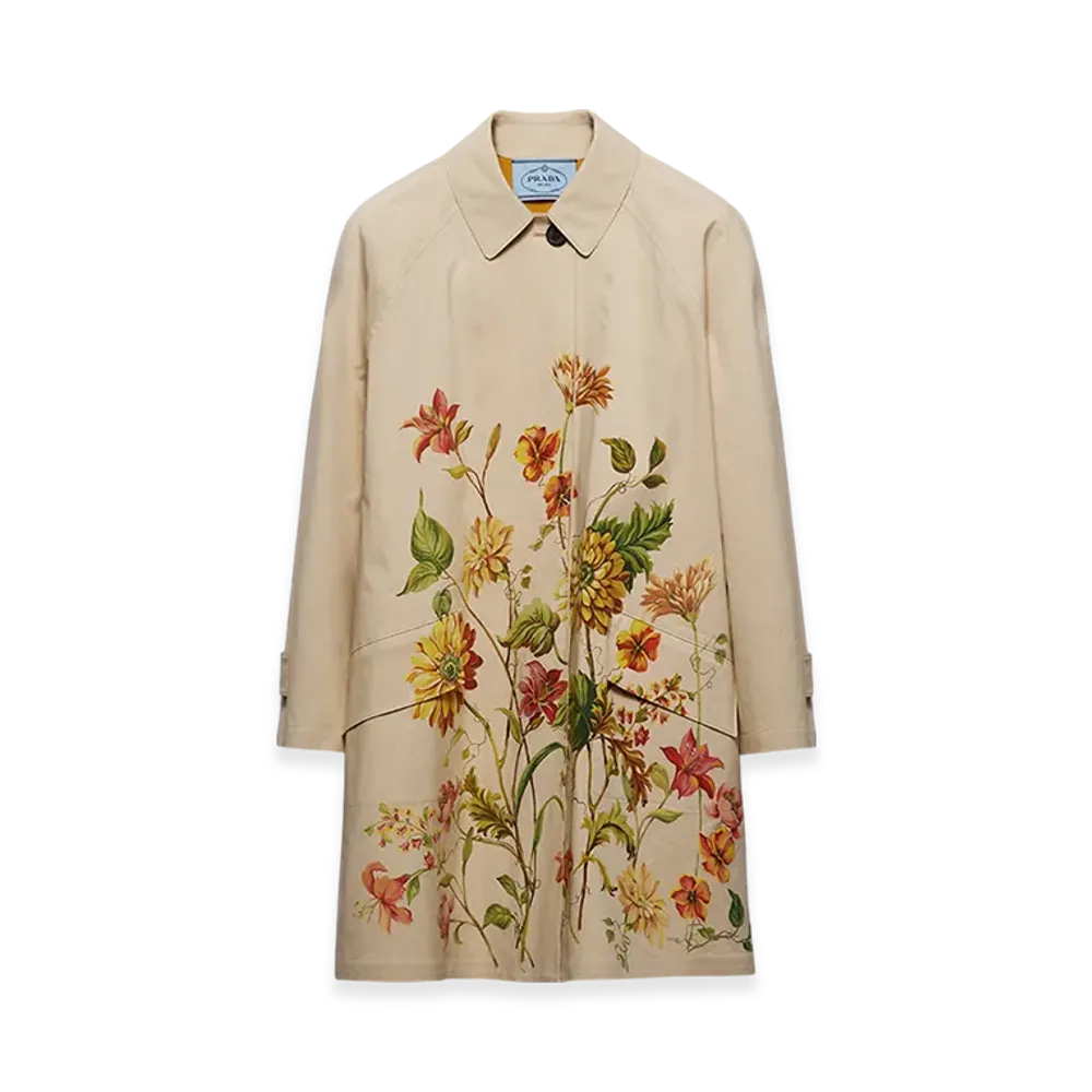PRADA Women's Printed Cotton Single Breasted Coat "Sand Beige"