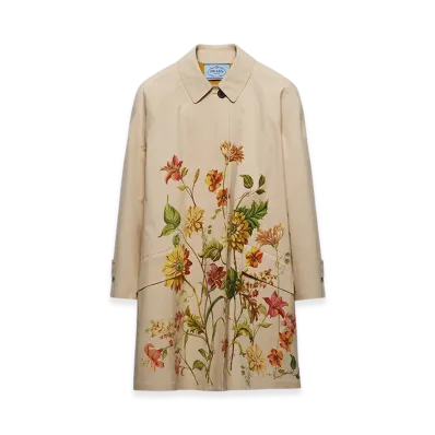 PRADA Women's Printed Cotton Single Breasted Coat "Sand Beige"