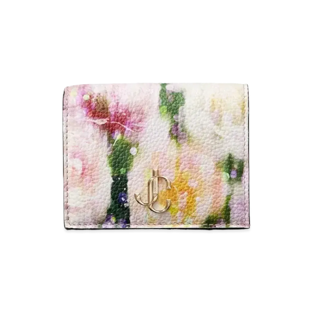 JIMMY CHOO HANNE Seasonal Mi Printed Soft Grainy Curf Leather Wallet With JC Logo "Blossom"