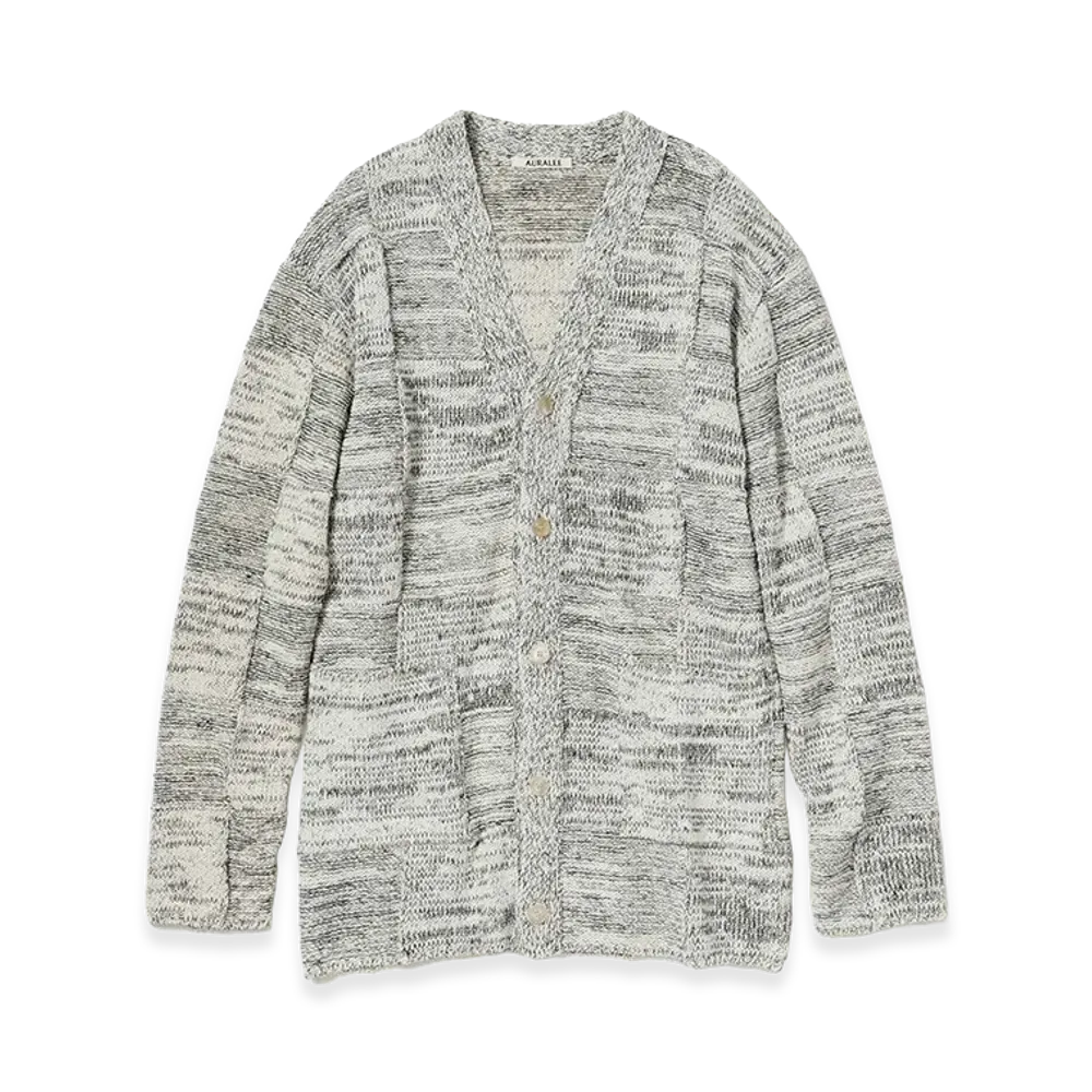 AURALEE Structured Cotton Linen Panel Knit Cardigan "Off White/Black"