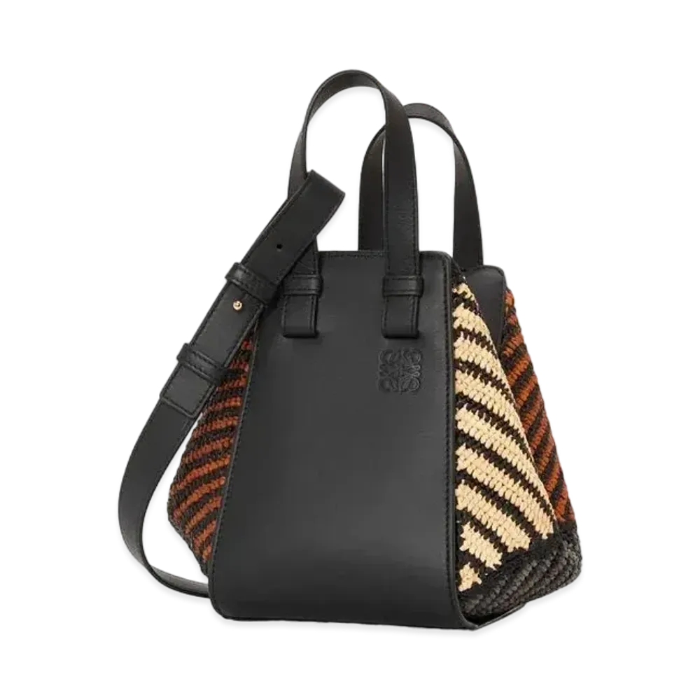 LOEWE Compact Hammock Bag In Raffia and Calfskin "Black/Natural"