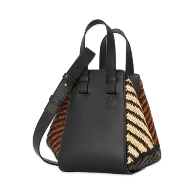LOEWE Compact Hammock Bag In Raffia and Calfskin "Black/Natural"