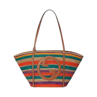 GUCCI Small Gucci Blondie Tote Bag Striped Raffia "Natural/Green/Red"