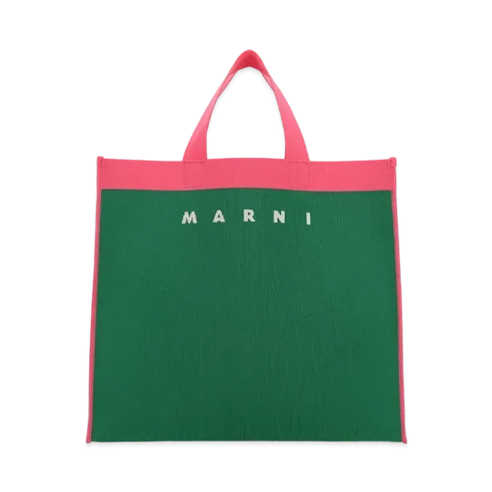 Marni Green Fuchsia And White Jacquard Shopping Bag "Garden Green/Fukusha/Silk White"
