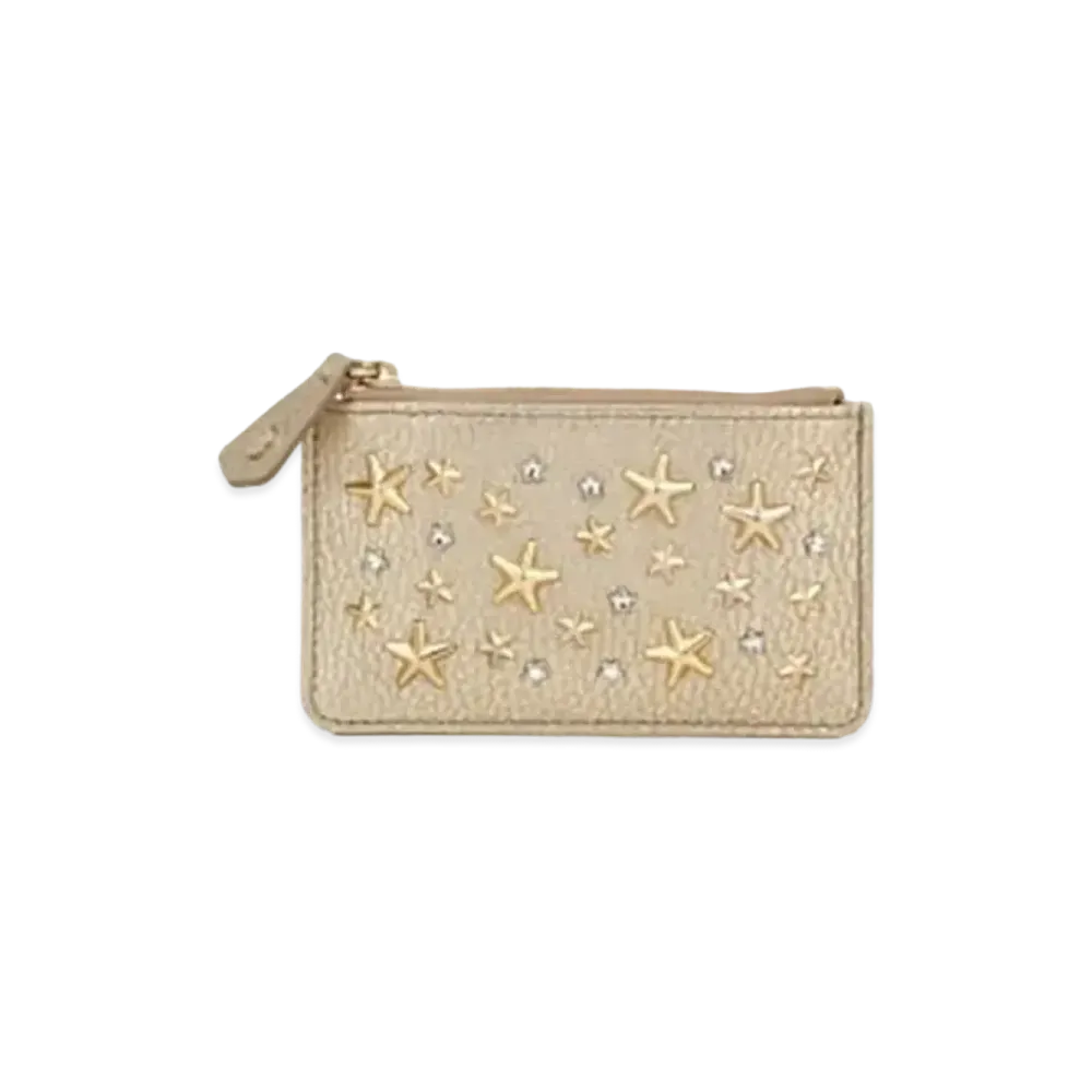 Jimmy Choo Nancy Washed Deerskin Leather Key Case With Crystal Star Studs "Gold"